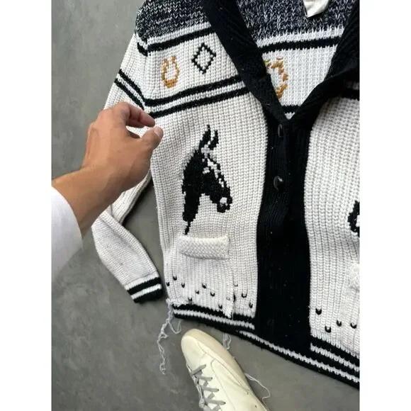 1950s Vintage Western Sears Men’s Size M Cowboy Horses Sweater Cardigan Flaws